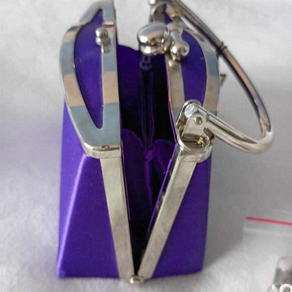 NWT Sasha Purple Satin Mini Bag Top-Handle + Metal Strap Retro Frame Purse - Picture 5 of 7